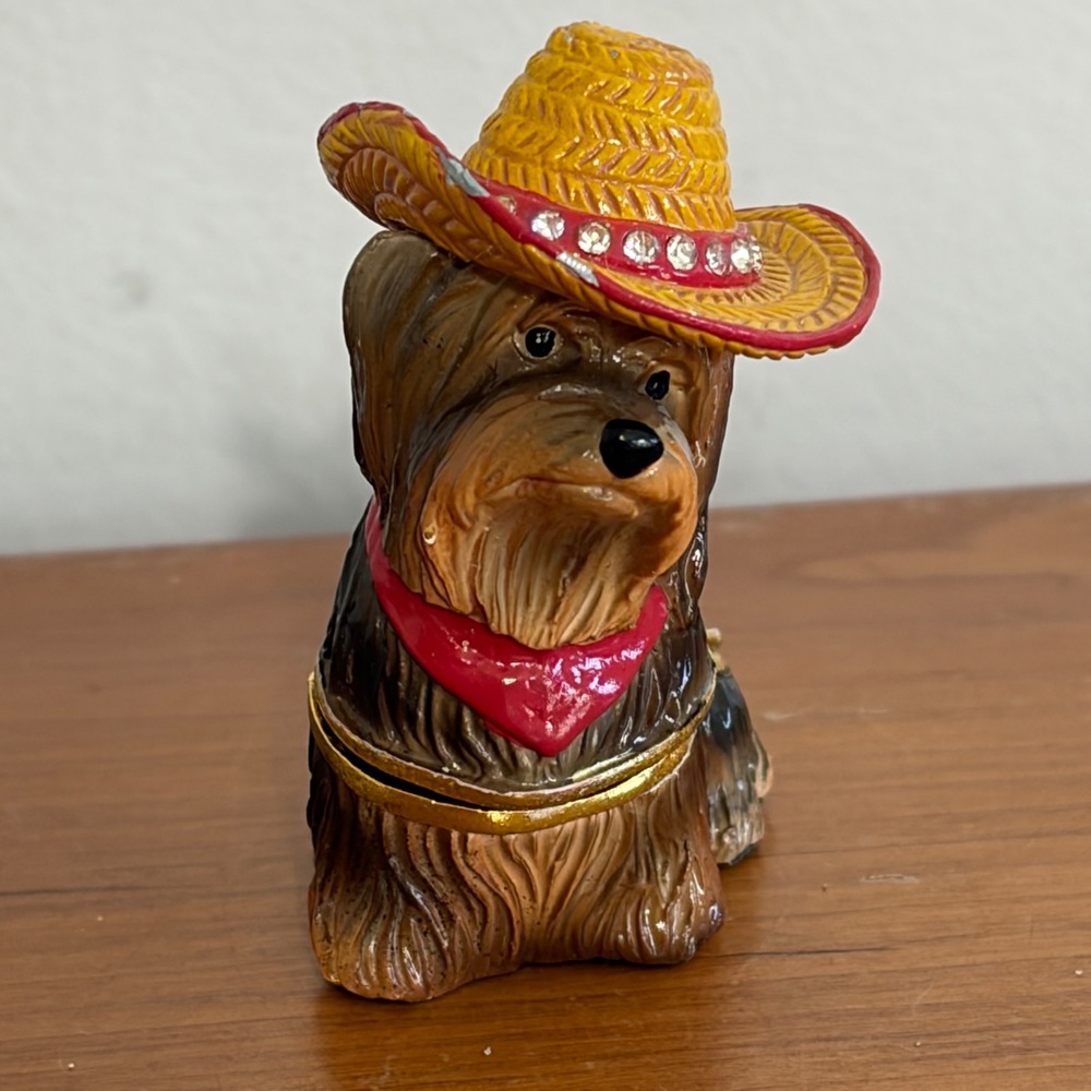Vintage 90s Yorkie‎ Dog Sombrero Rhinestone Enameled Hinged Trinket Box 2"